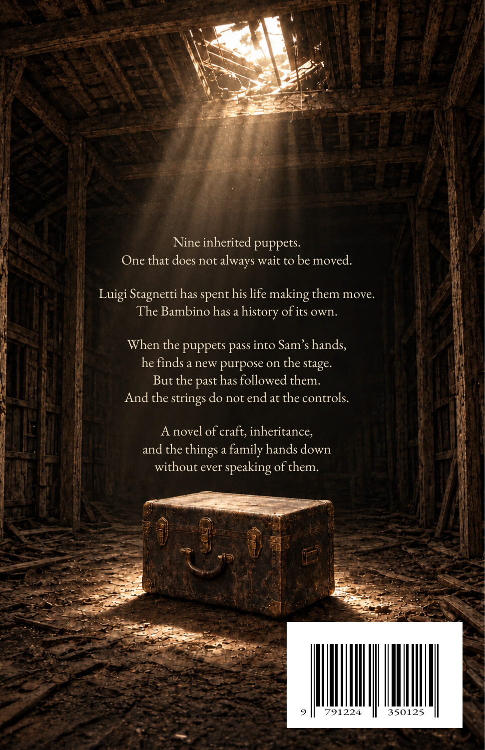 STRINGS COUNTED TWICE — back-cover artwork: light through a barn roof above an old travelling chest
